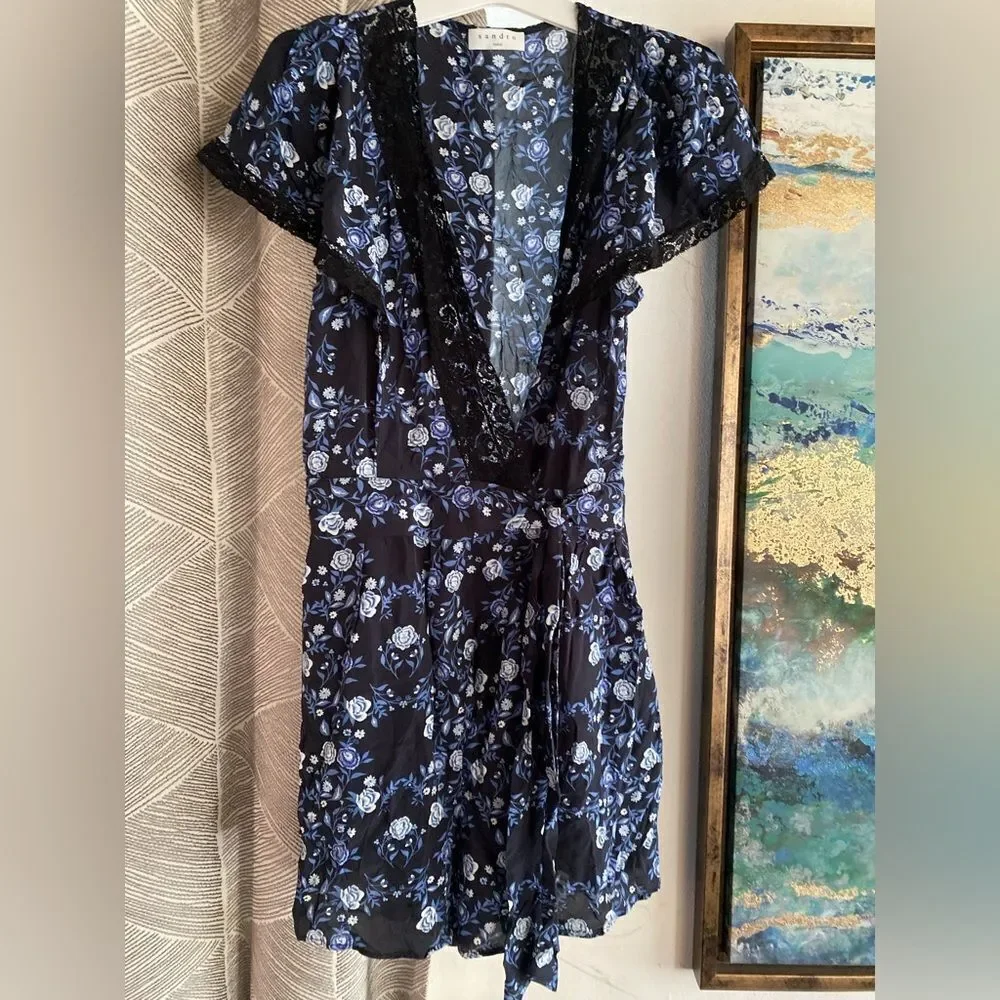 SANDRO  Paris  Womens Sz34 XS Black Blue Floral Silk Heart Romper Jumpsuit NWT - Picture 6 of 16